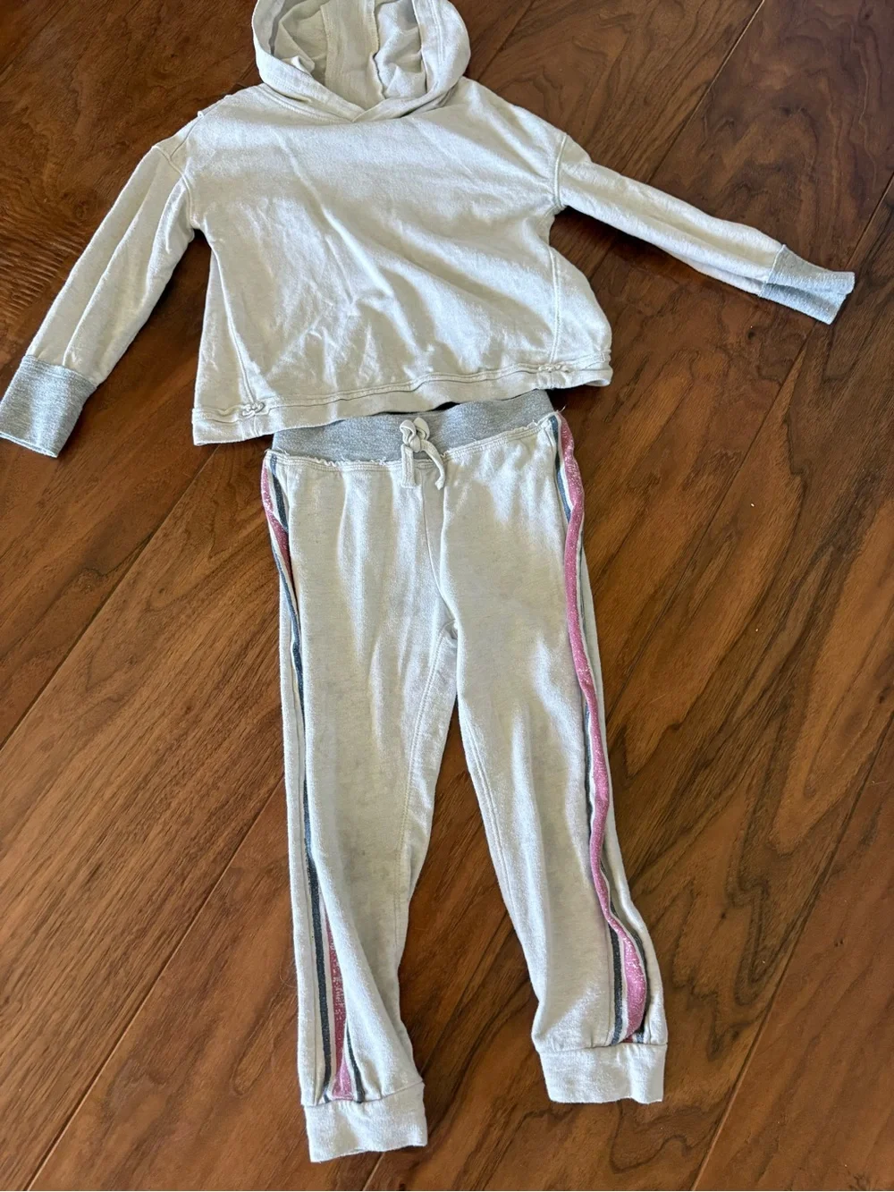 Splendid Light Gray Hooded Sweatshirt and Jogger Set with Pink Trim